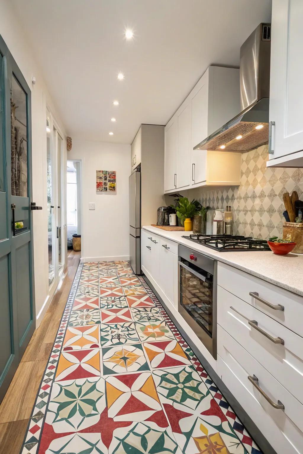 Bold floor designs create dynamic kitchen focal points.