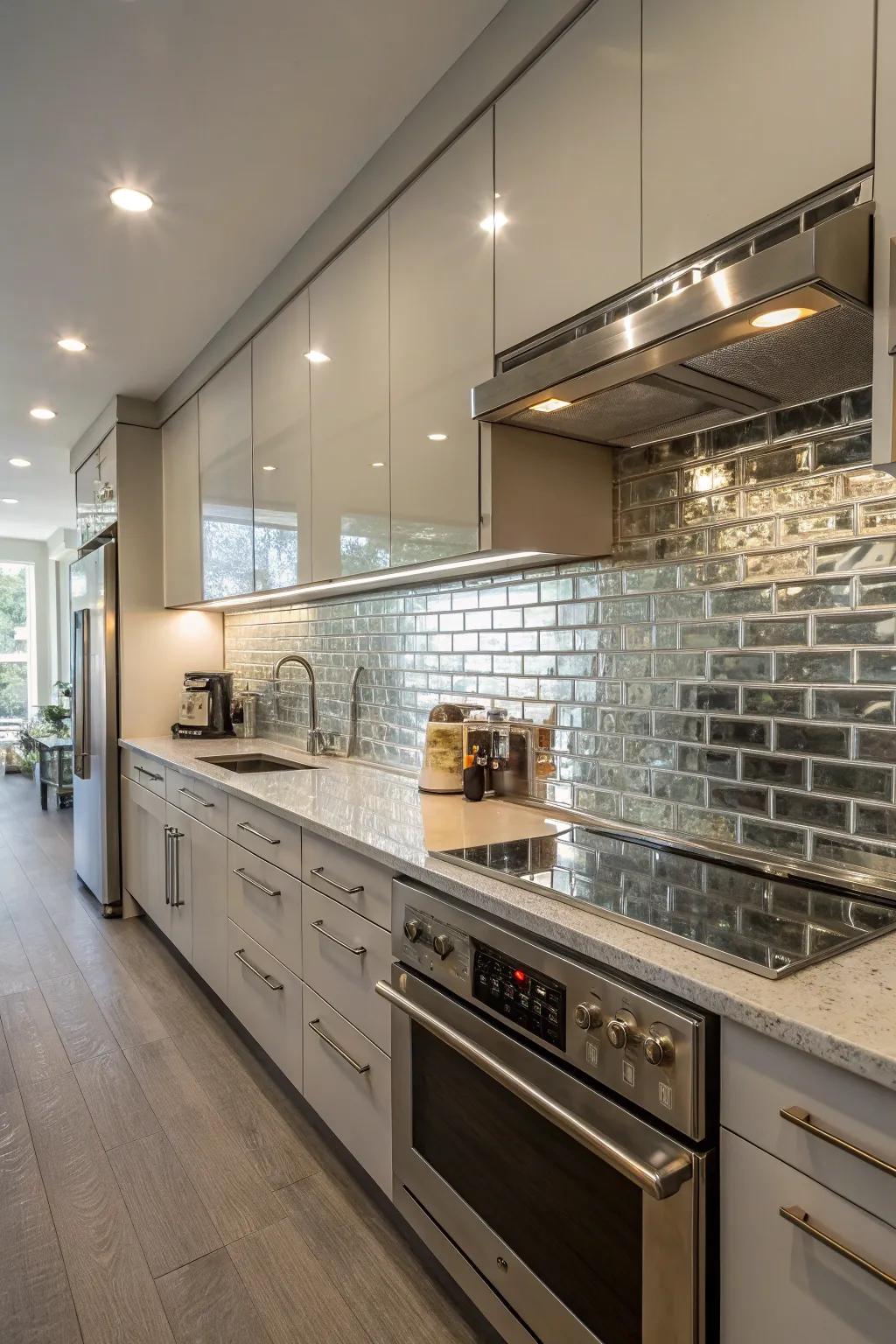 Reflective finishes brighten and enlarge kitchen interiors.