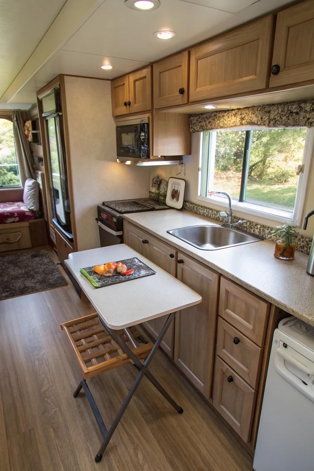 Versatile furniture enhances small kitchen functionality.