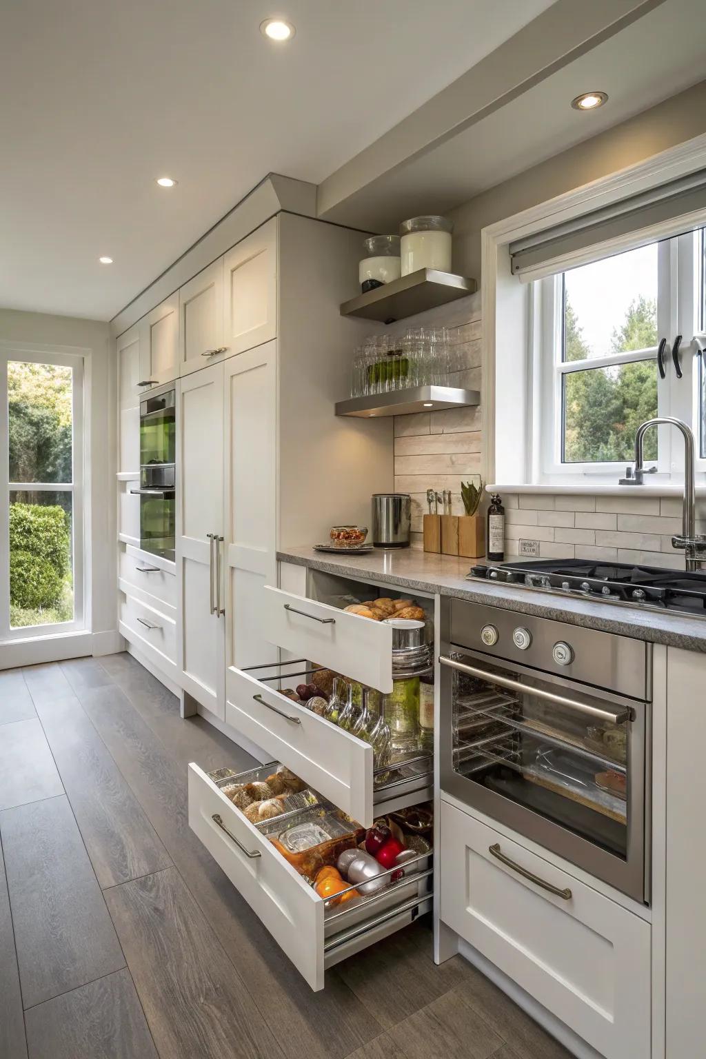 Innovative storage options improve kitchen organization.