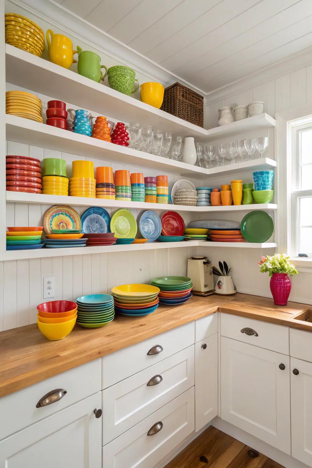 Open shelves create a spacious and charming kitchen look.