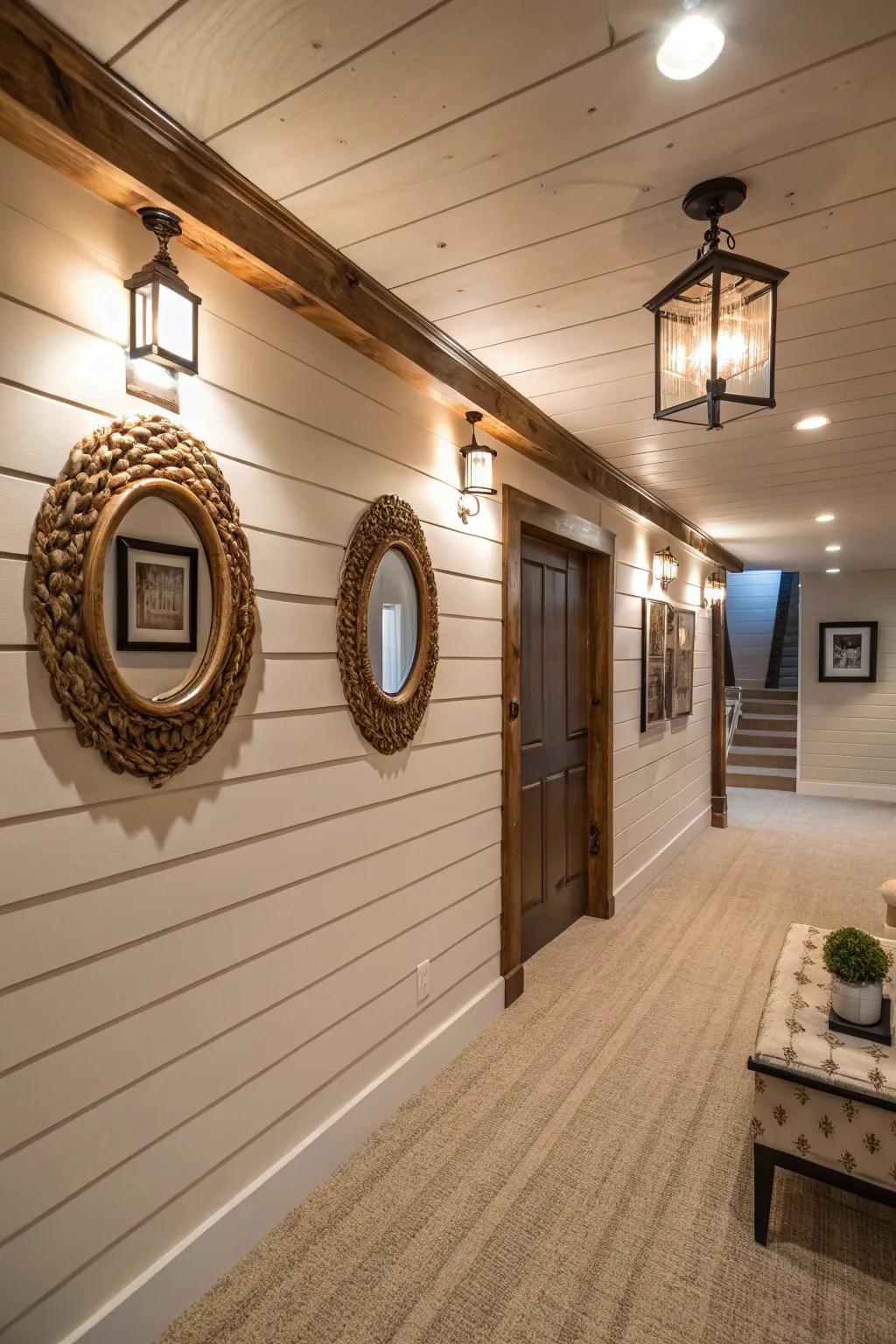 Bright basement with shiplap walls and mirrors