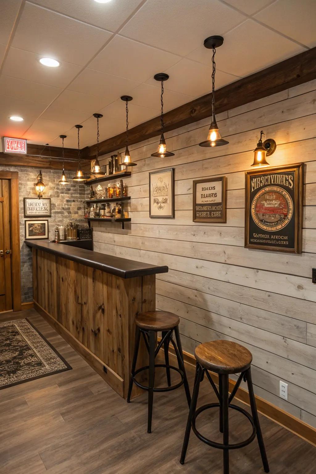 Rustic shiplap bar area in basement