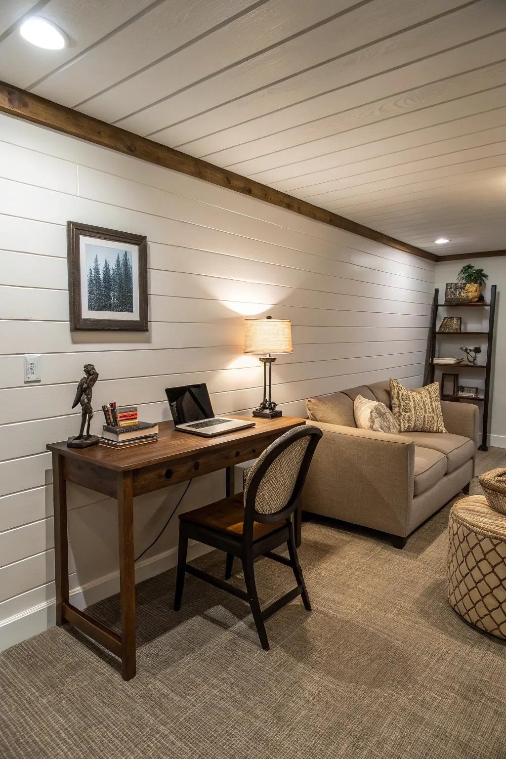 Multi-functional basement with shiplap walls dividing areas