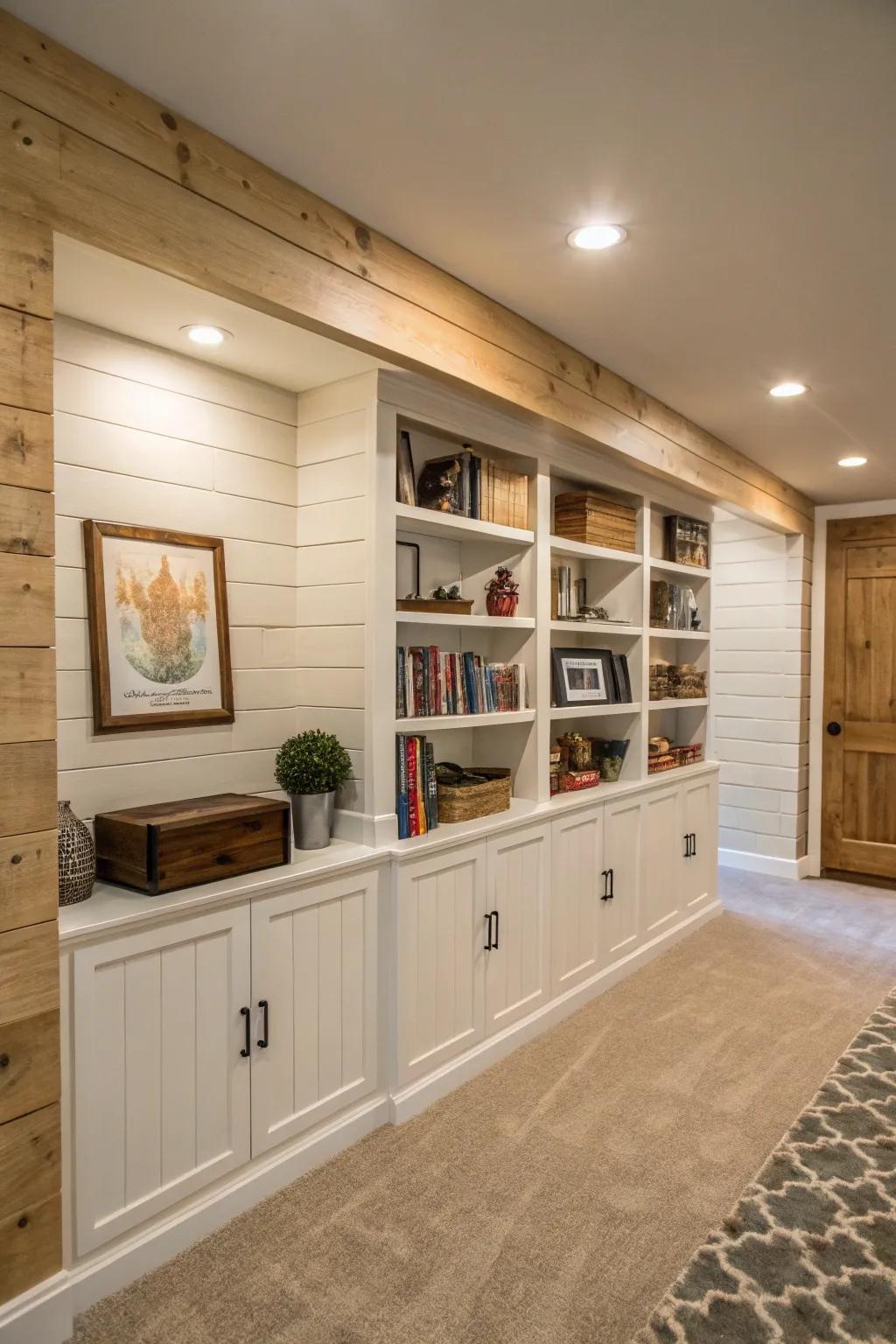 Shiplap accent wall with built-in shelves in basement