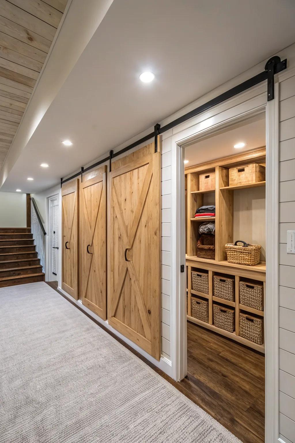 Basement with shiplap walls featuring hidden storage