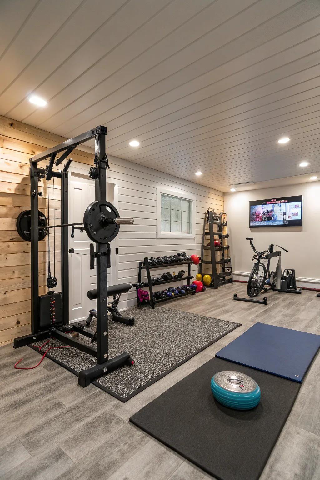 Home gym in basement with shiplap walls