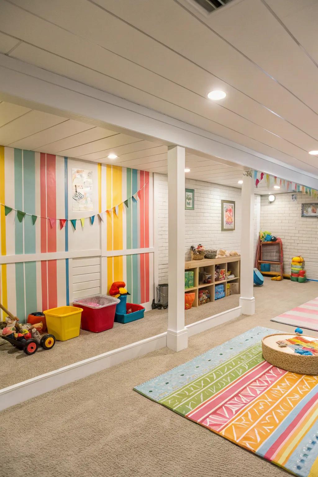 Colorful shiplap walls in a playful kids' basement area