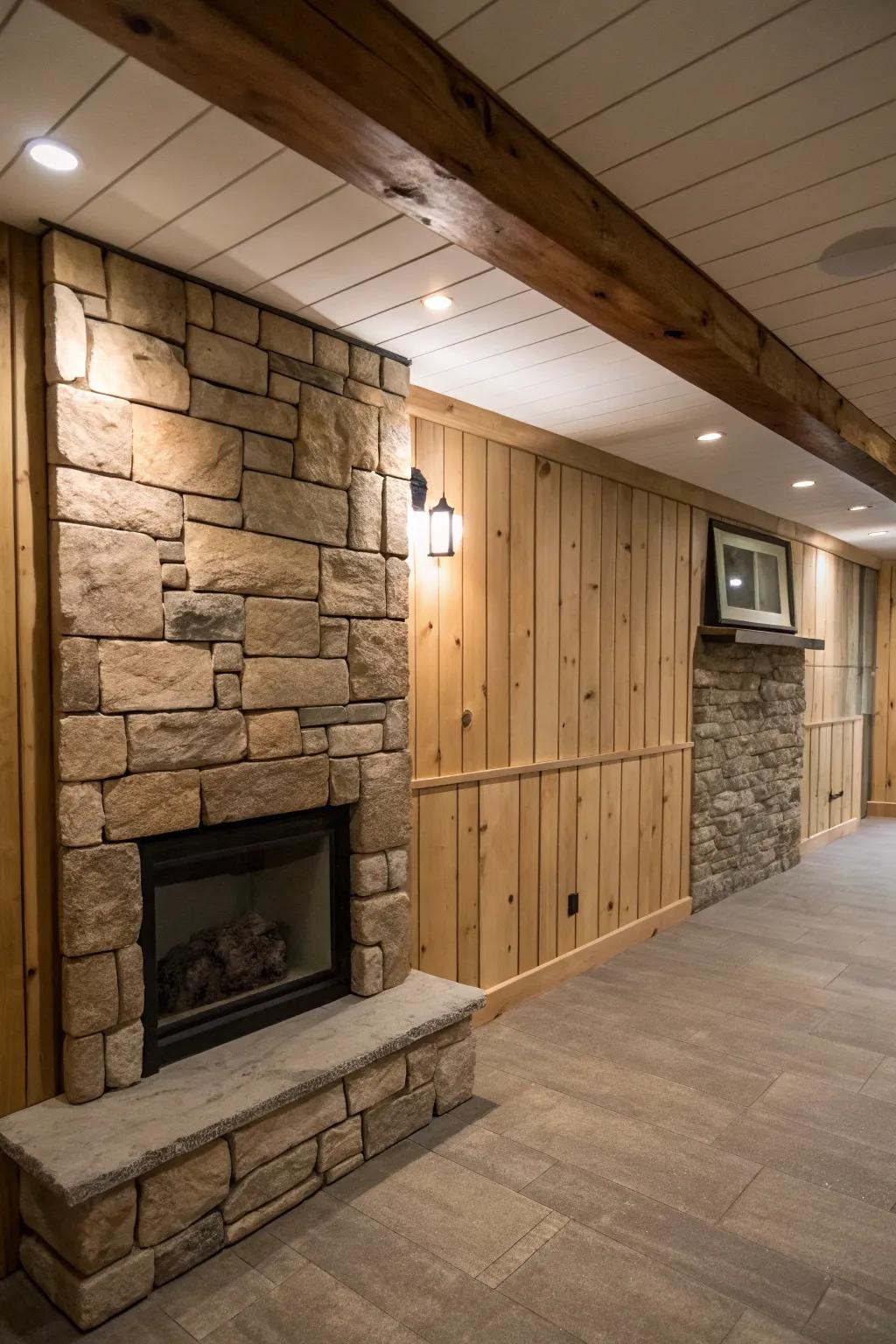 Basement with shiplap walls and stone fireplace