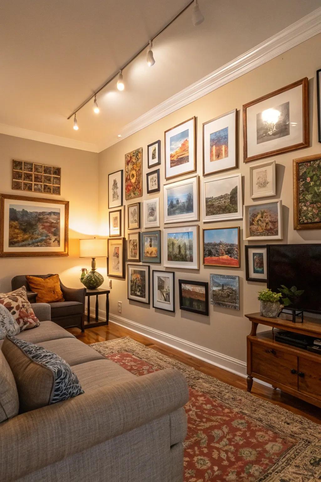 A well-arranged gallery wall with large frames.