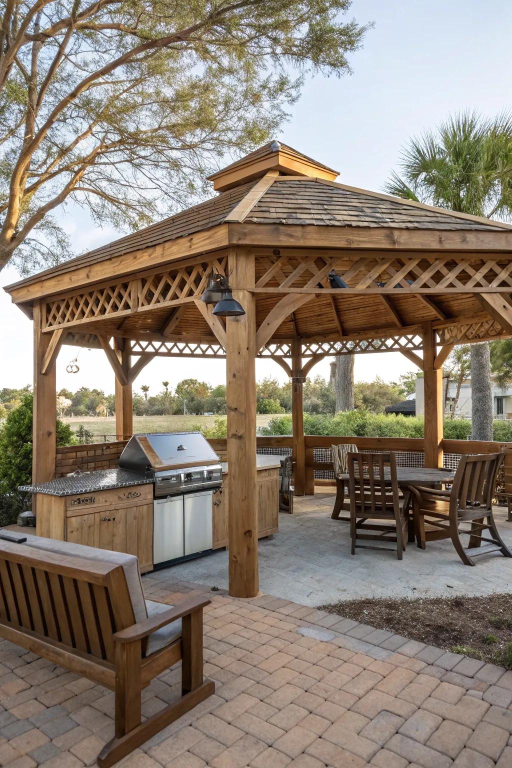 A rustic gazebo offers a charming and intimate BBQ setting.