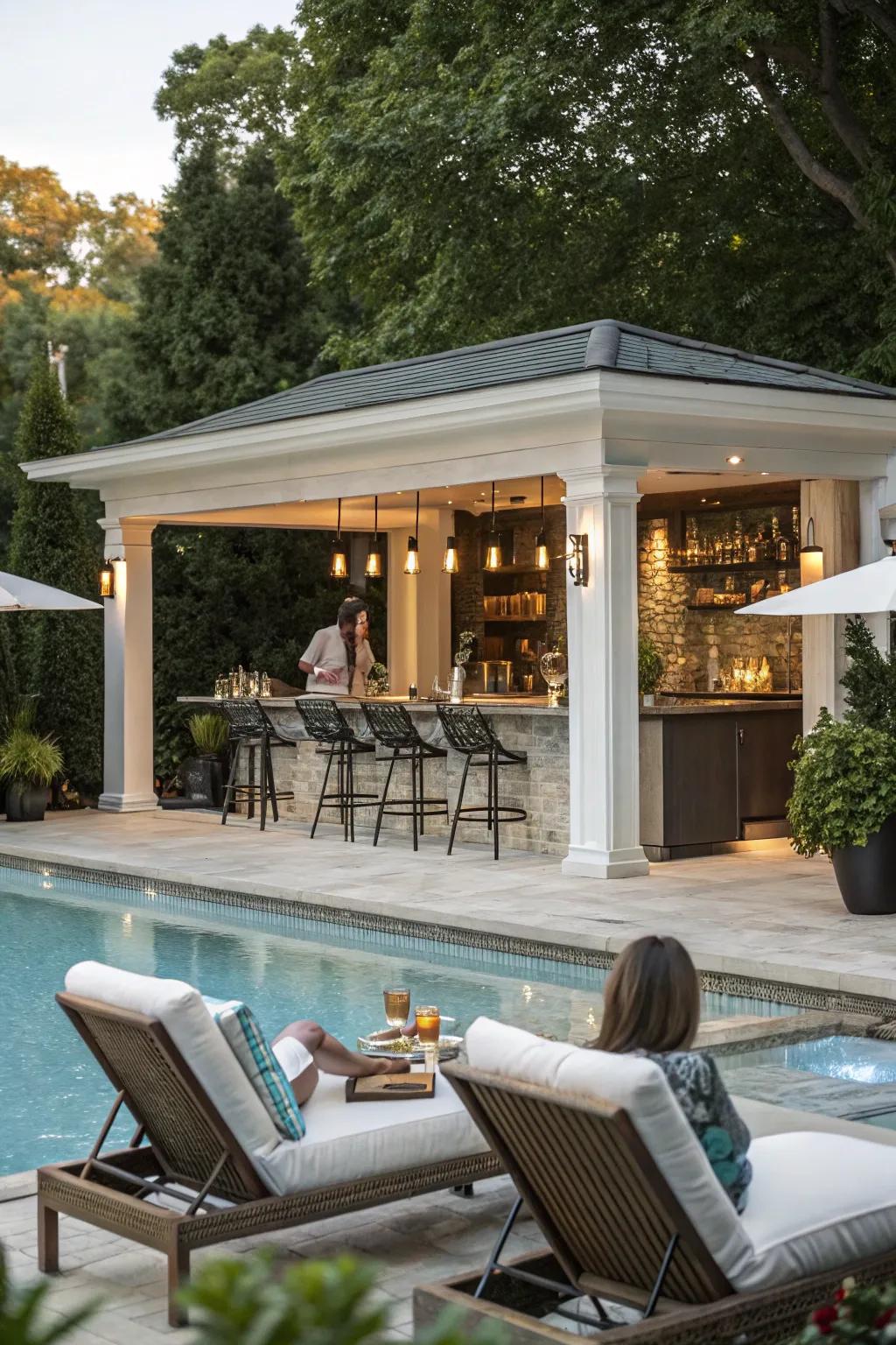 Luxurious poolside BBQ area with stylish seating and bar.