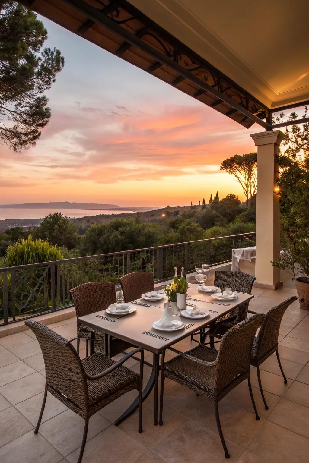 Set up a stylish dining area on your patio for unforgettable meals.