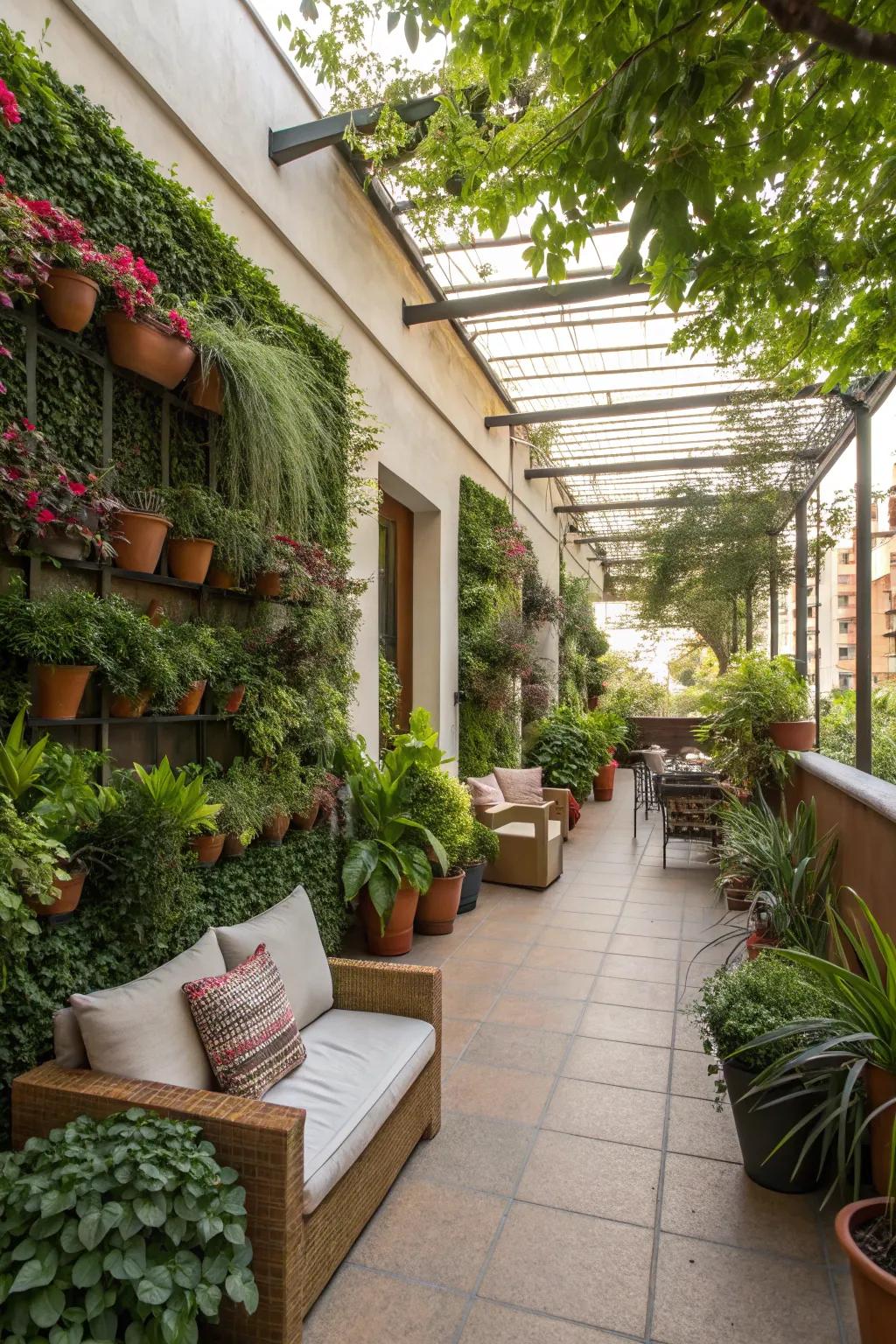 Create a vibrant green oasis with plants and vertical gardens on your patio.