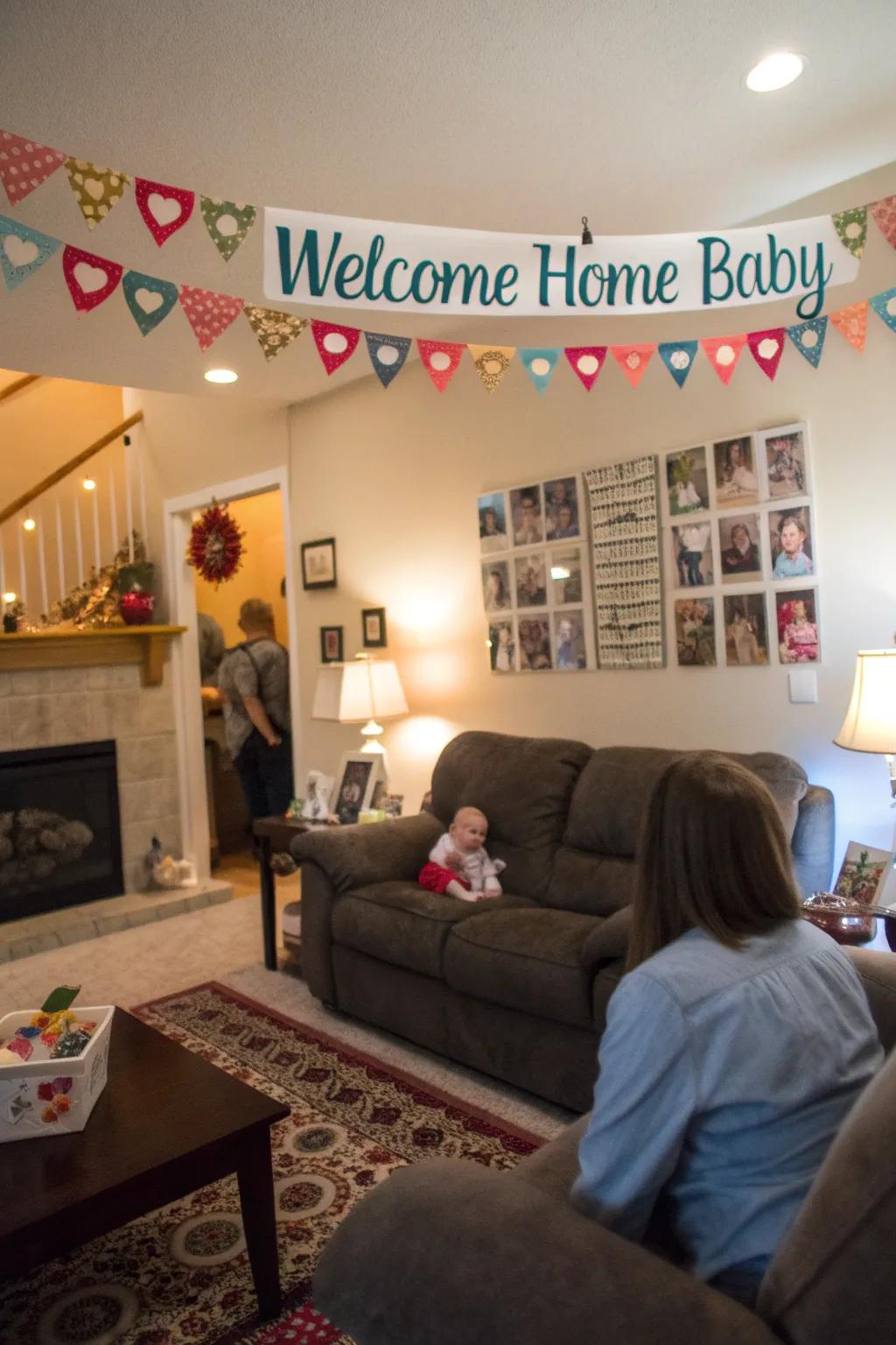 A personalized banner welcoming the baby home.