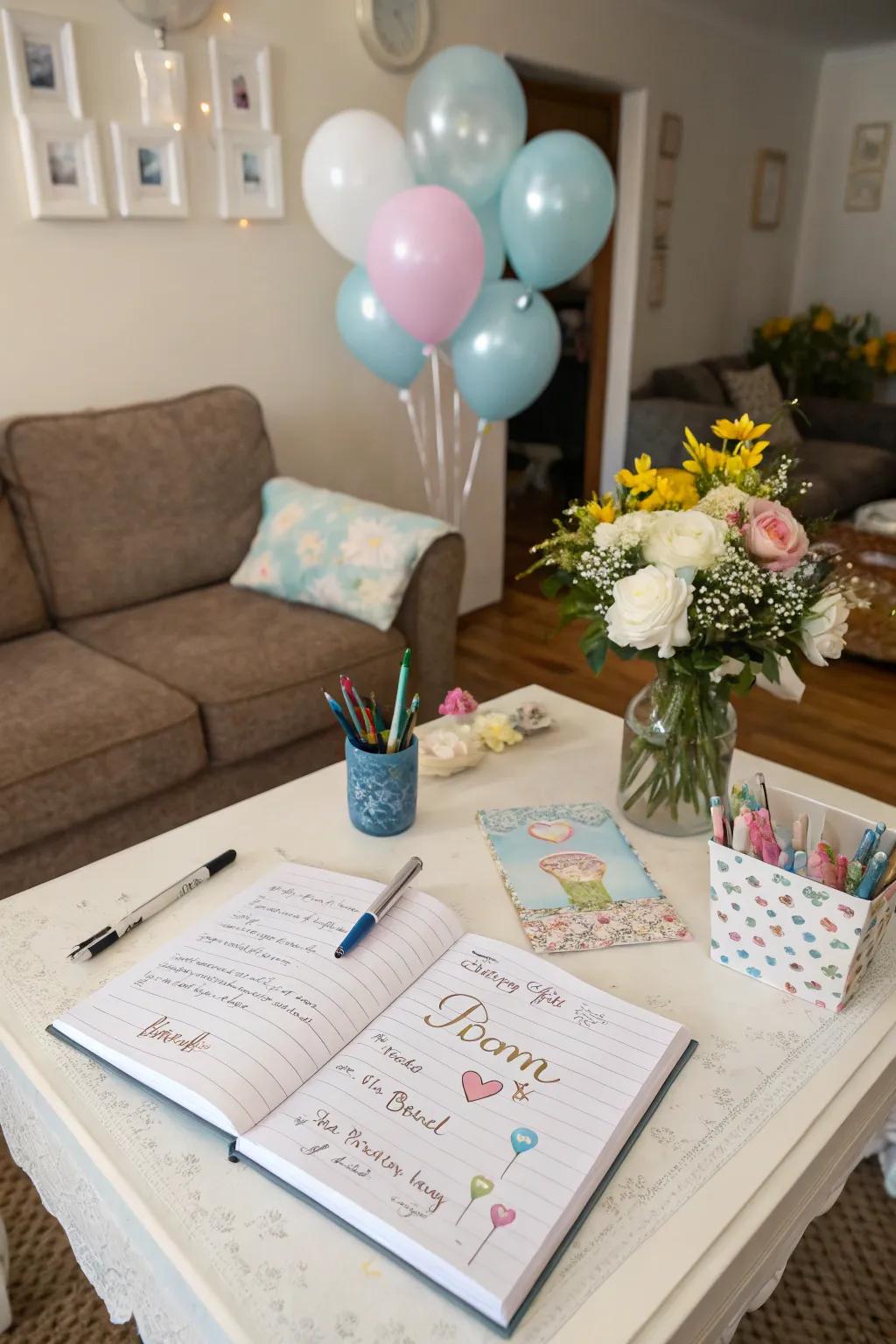 Guests writing heartfelt notes in an interactive message book.
