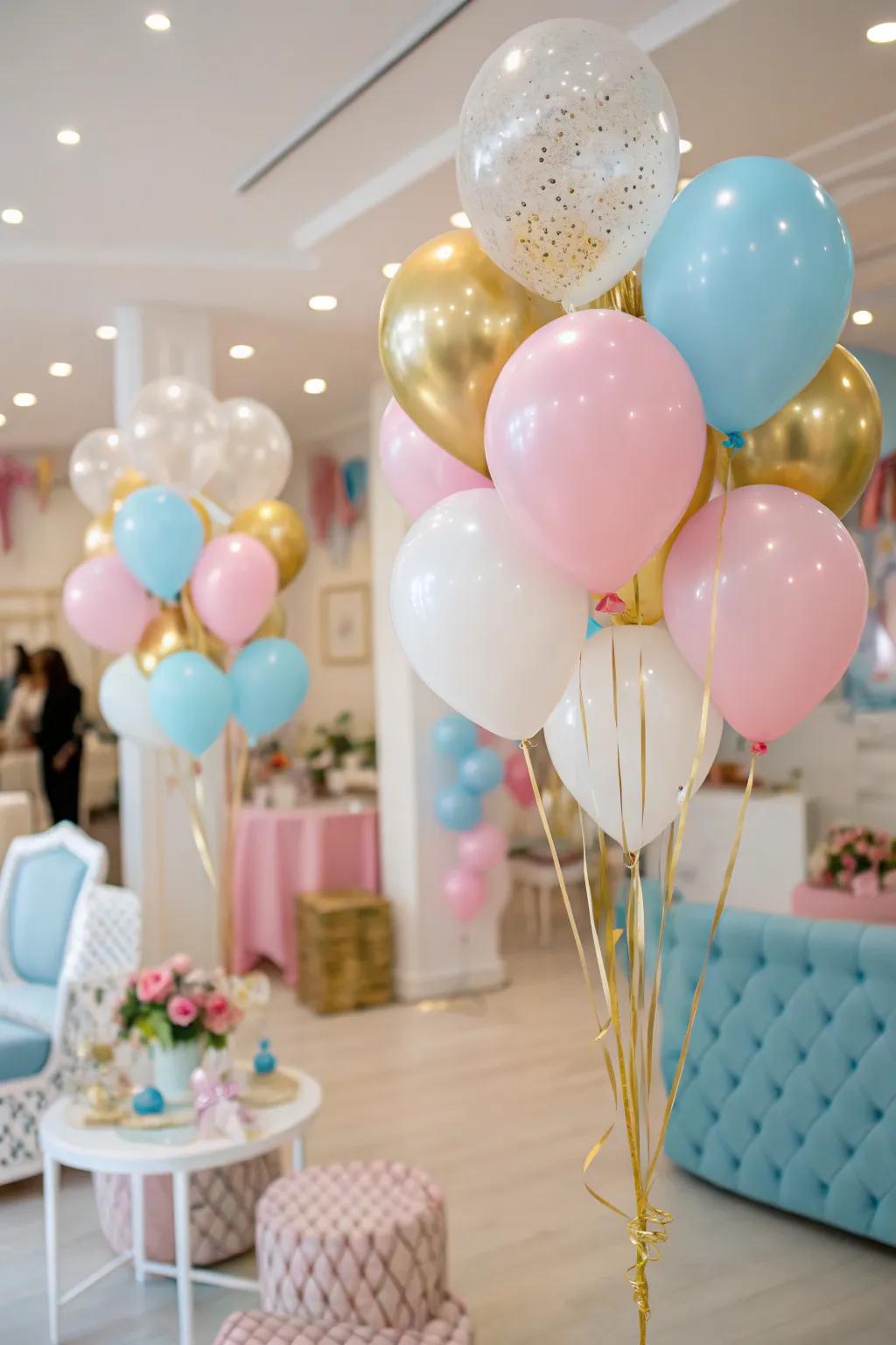 A joyful room decorated with colorful balloons for a baby welcome.
