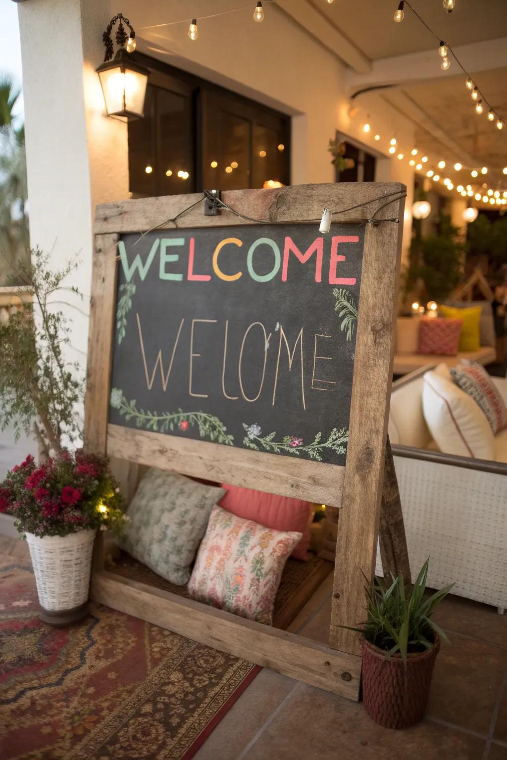 Chalkboard sign with a warm, customized welcome message.