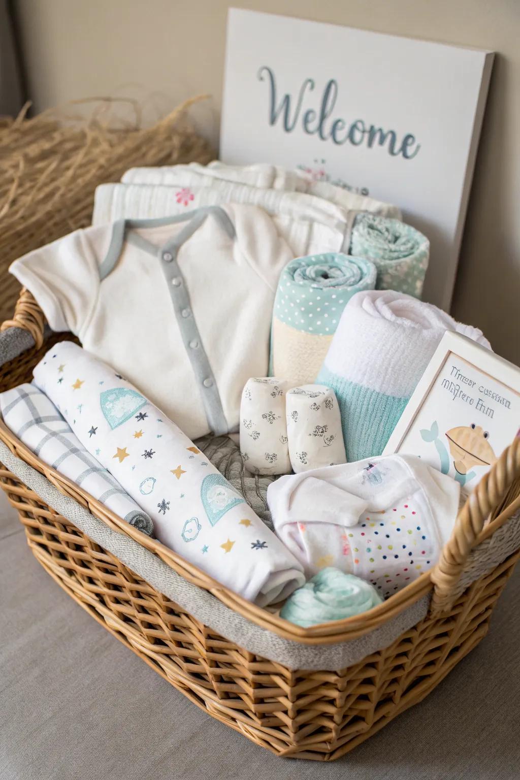 A curated welcome basket filled with baby essentials and treats.