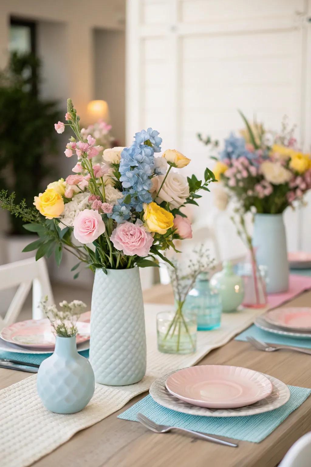 Soft pastel floral arrangements adding natural beauty to the space.