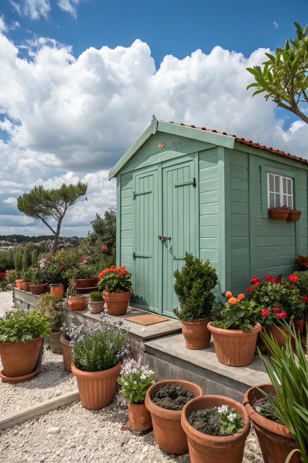 Seafoam green shed evoking Mediterranean charm.