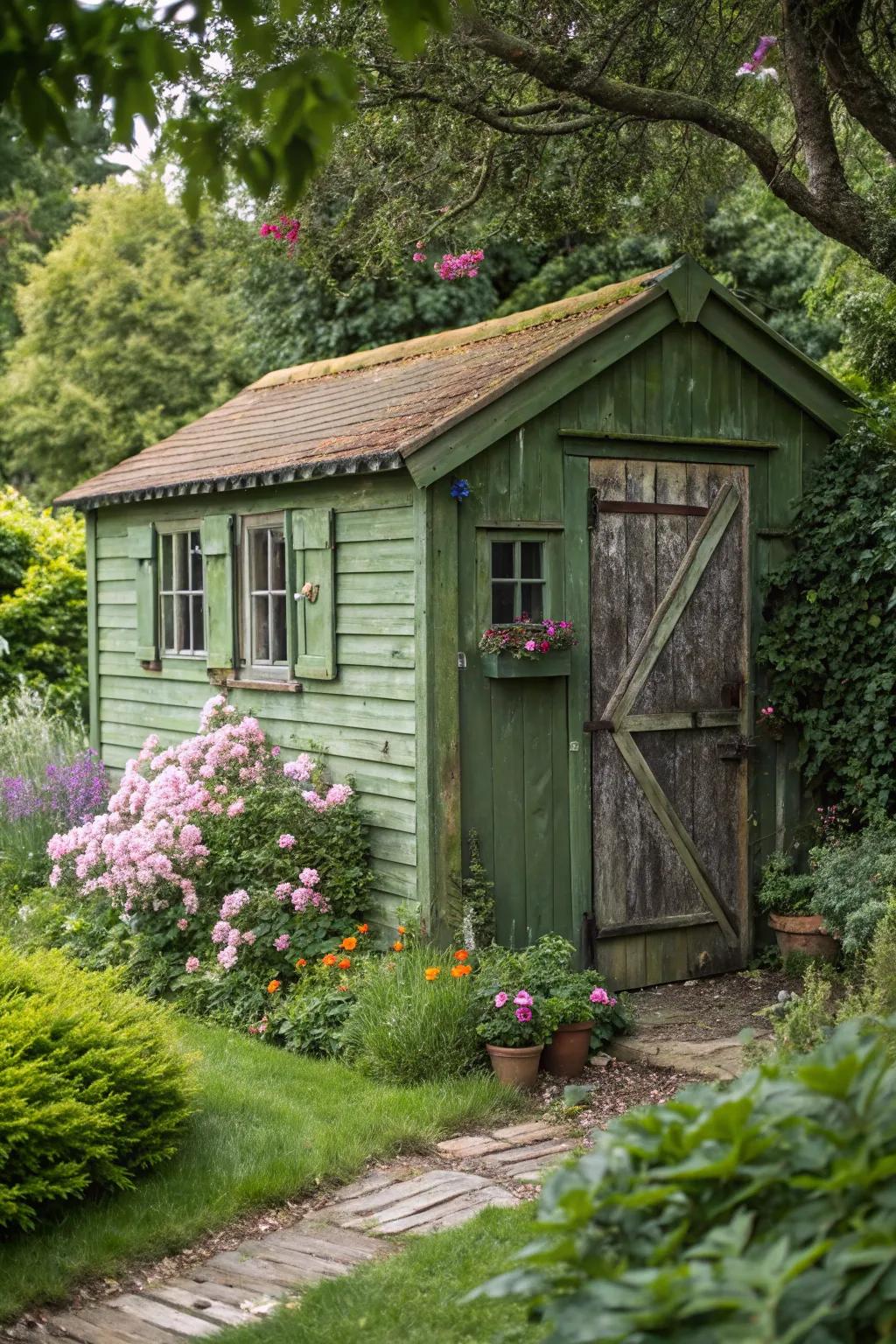 Moss green shed exuding warm cottage vibes.