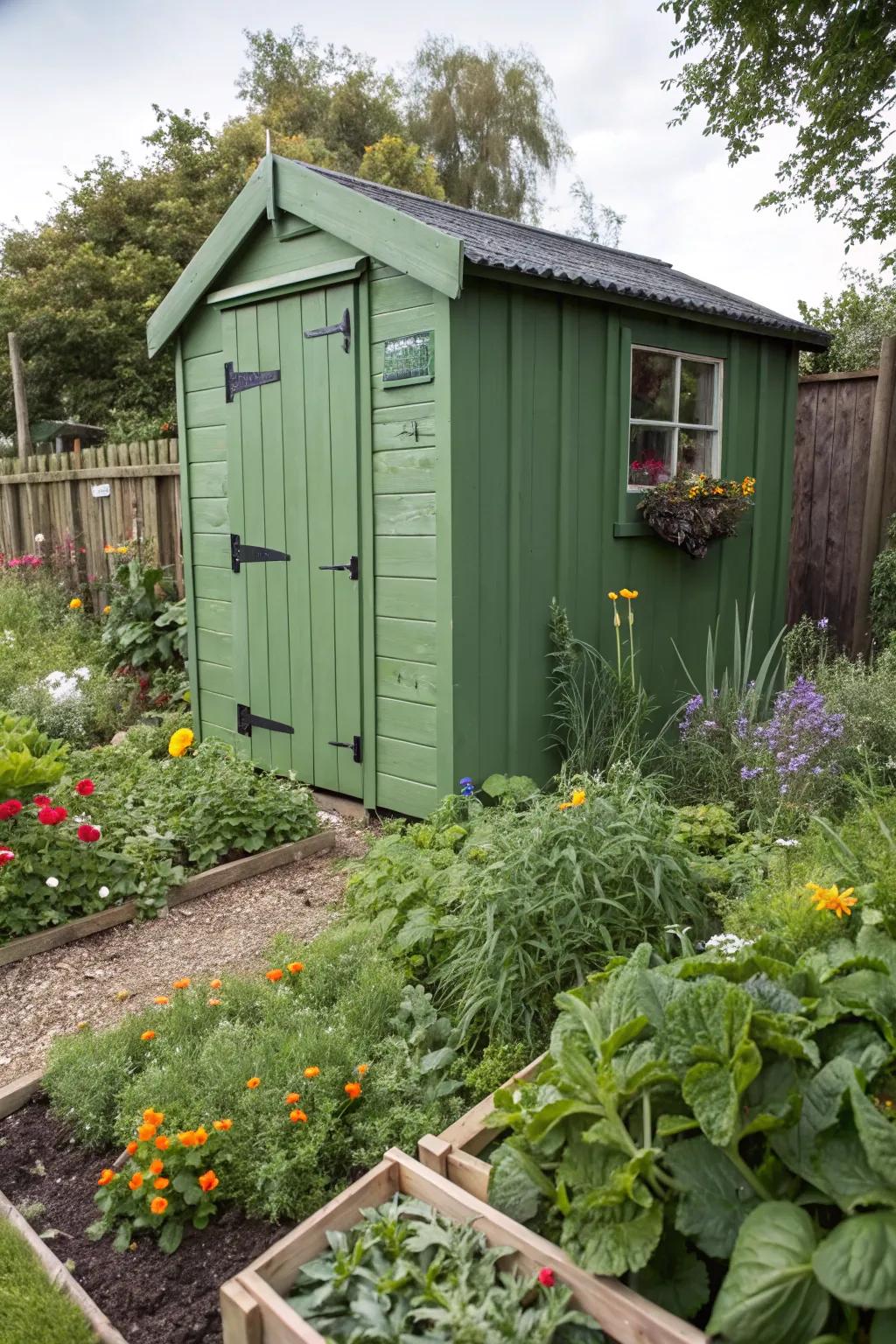 Green shed painted with eco-friendly recycled paint.