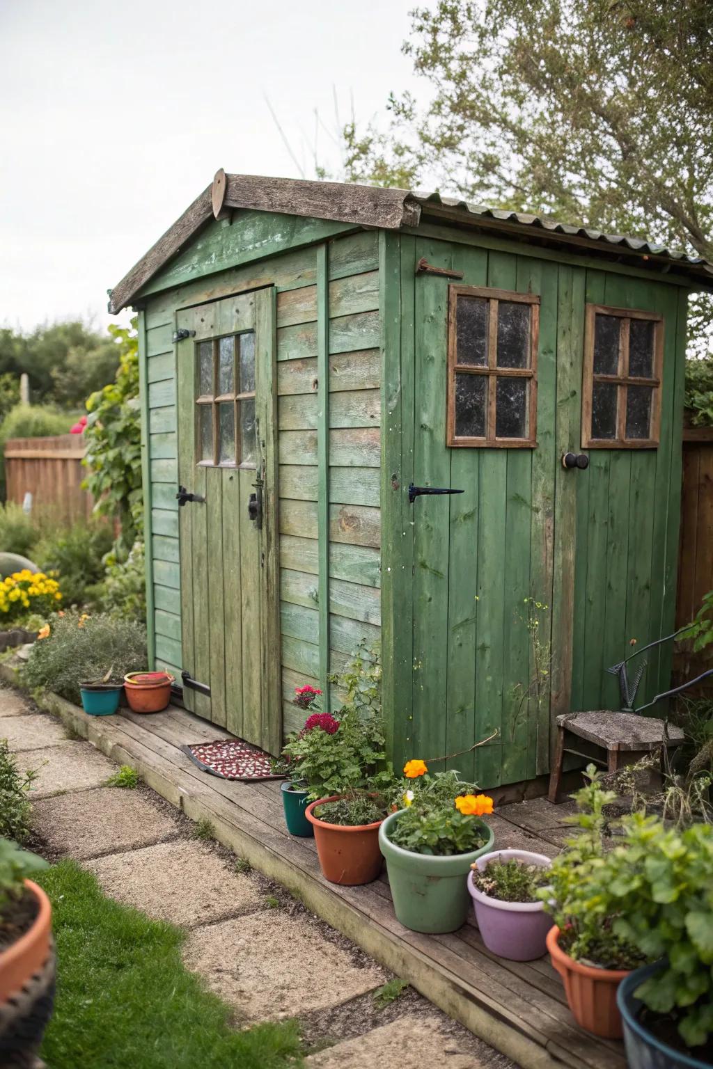 Wood-paneled green shed with rustic appeal.