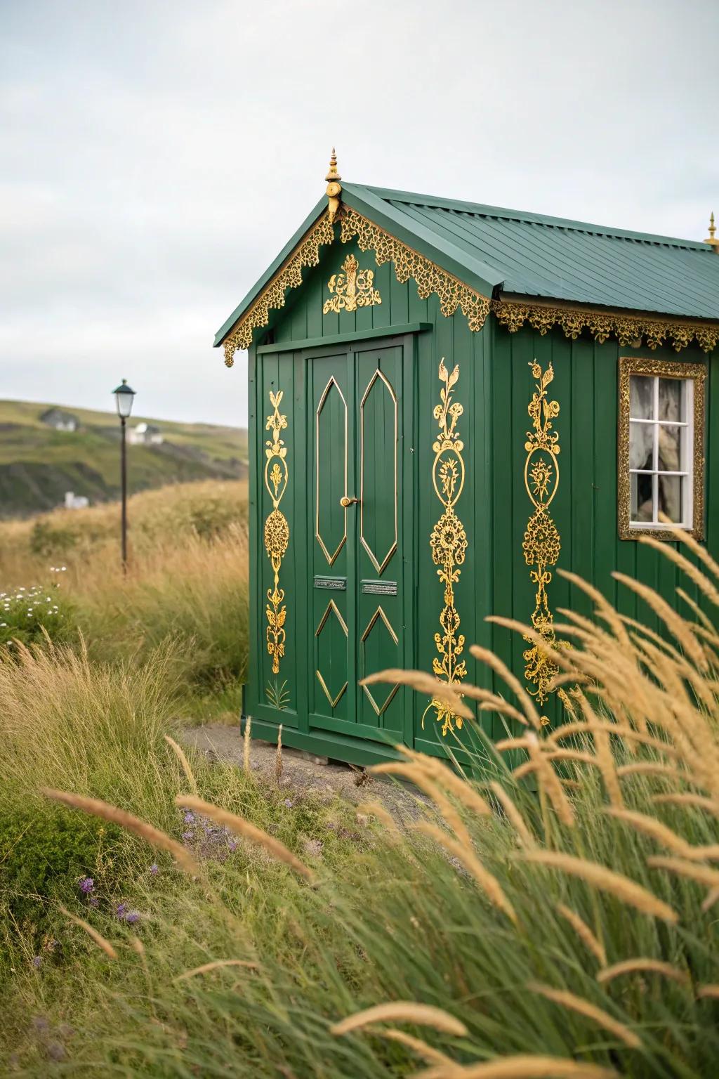 Emerald green shed adding a luxurious touch to the garden.