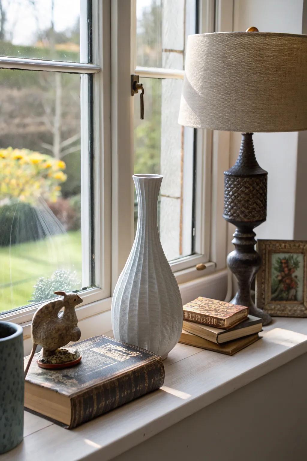 Combining different styles creates a unique windowsill look.