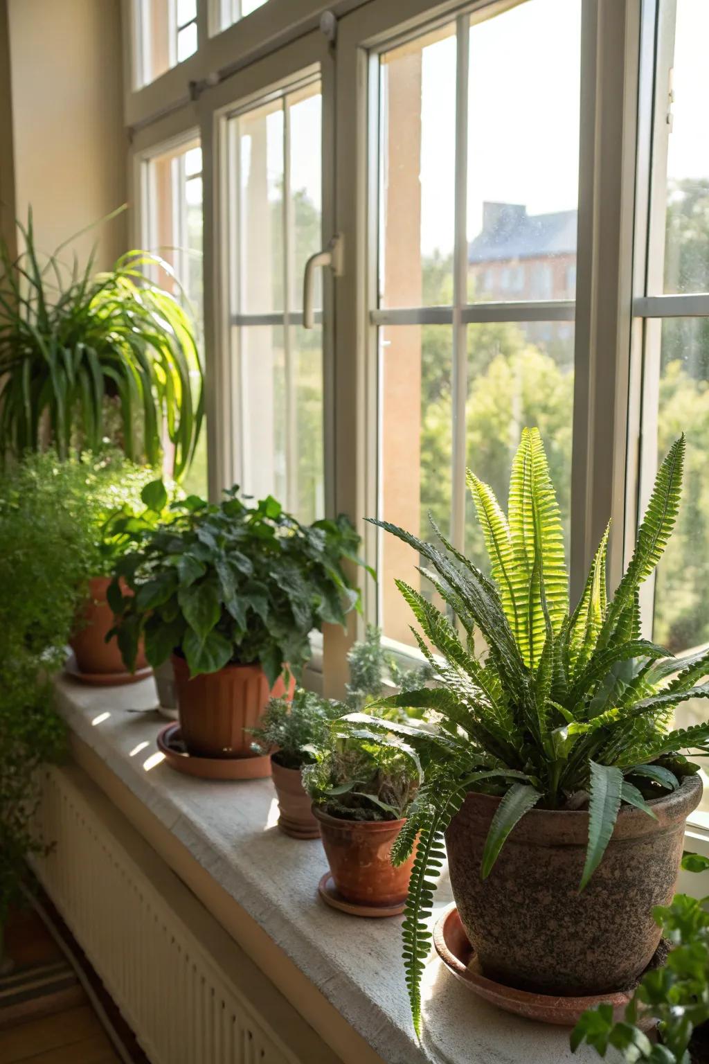 A variety of potted plants enlivens the windowsill.