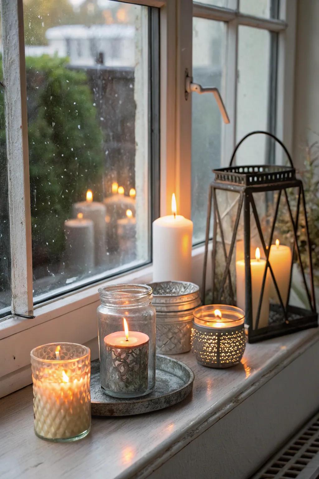 Candles add a cozy and peaceful glow to the windowsill.