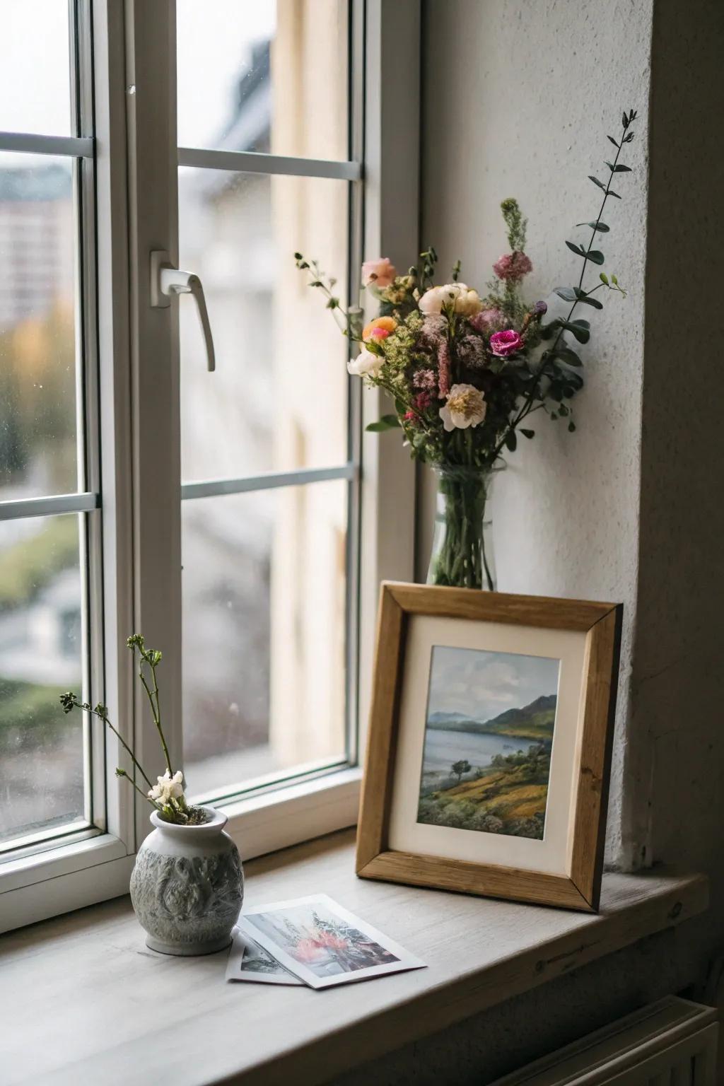 Art pieces add a unique and personal touch to the windowsill.