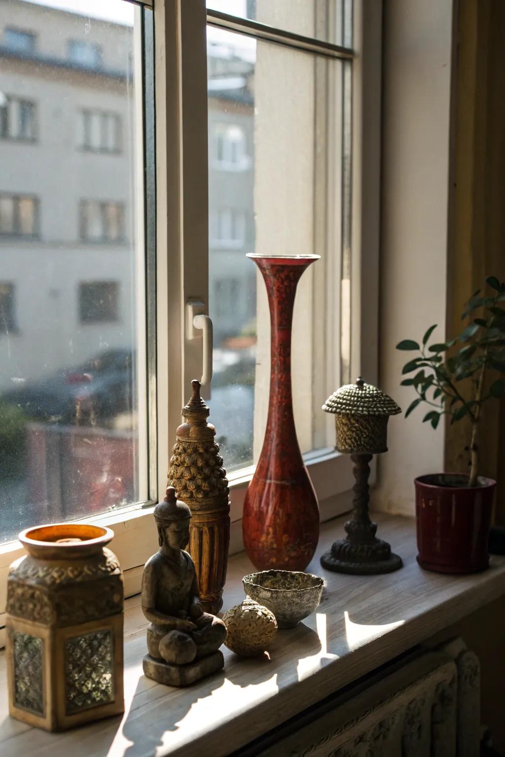 Using different heights creates an engaging windowsill arrangement.