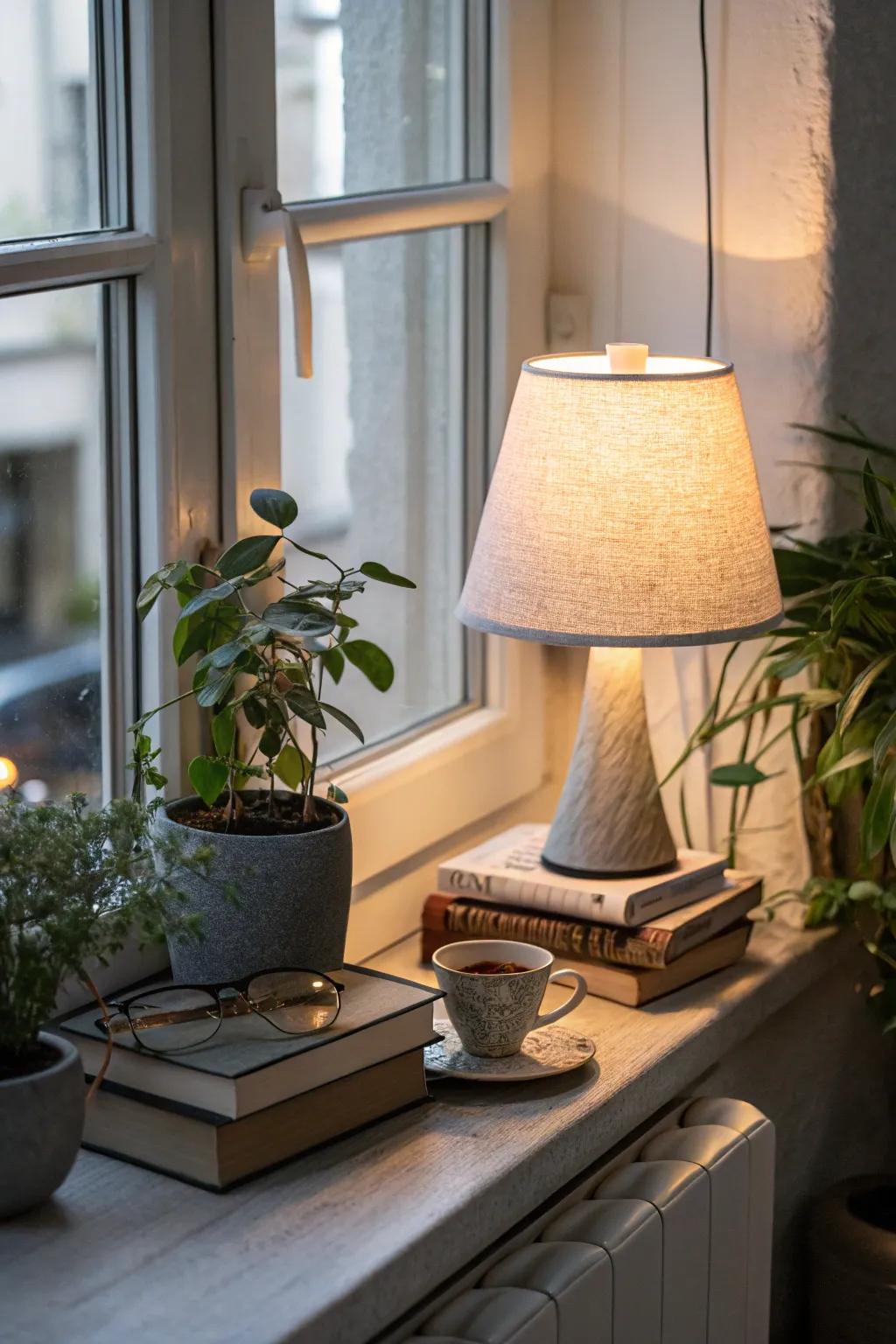 A stylish lamp adds both light and decor to your windowsill.