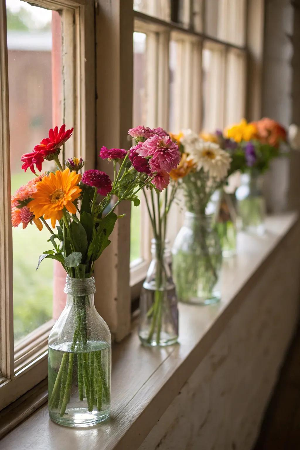 Vases filled with flowers brighten and enliven the windowsill.