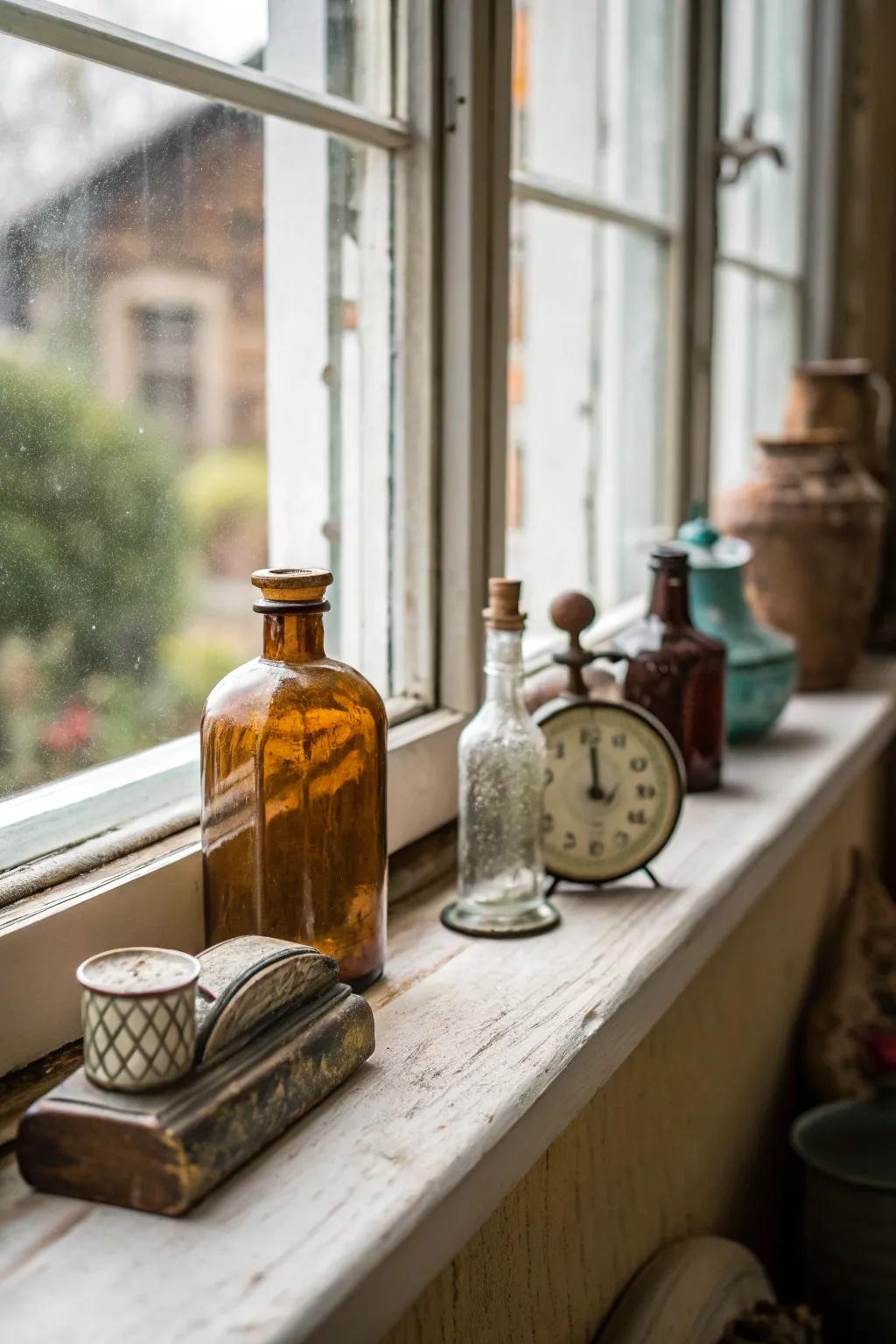 Vintage pieces add history and charm to your windowsill.