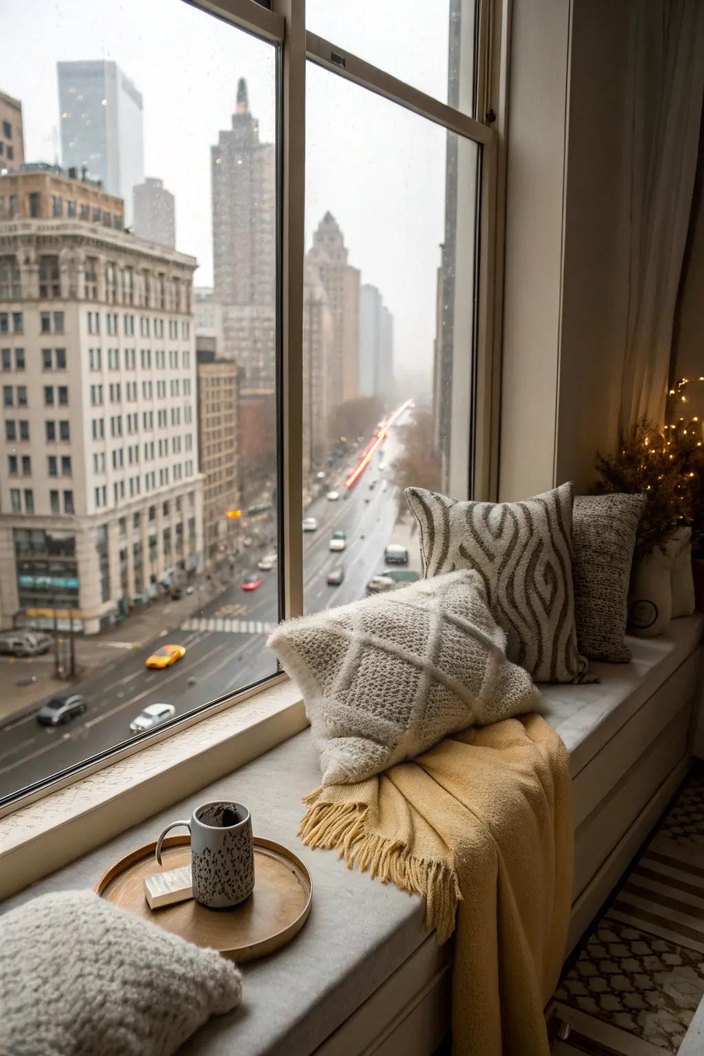 Soft cushions create a cozy nook on the windowsill.