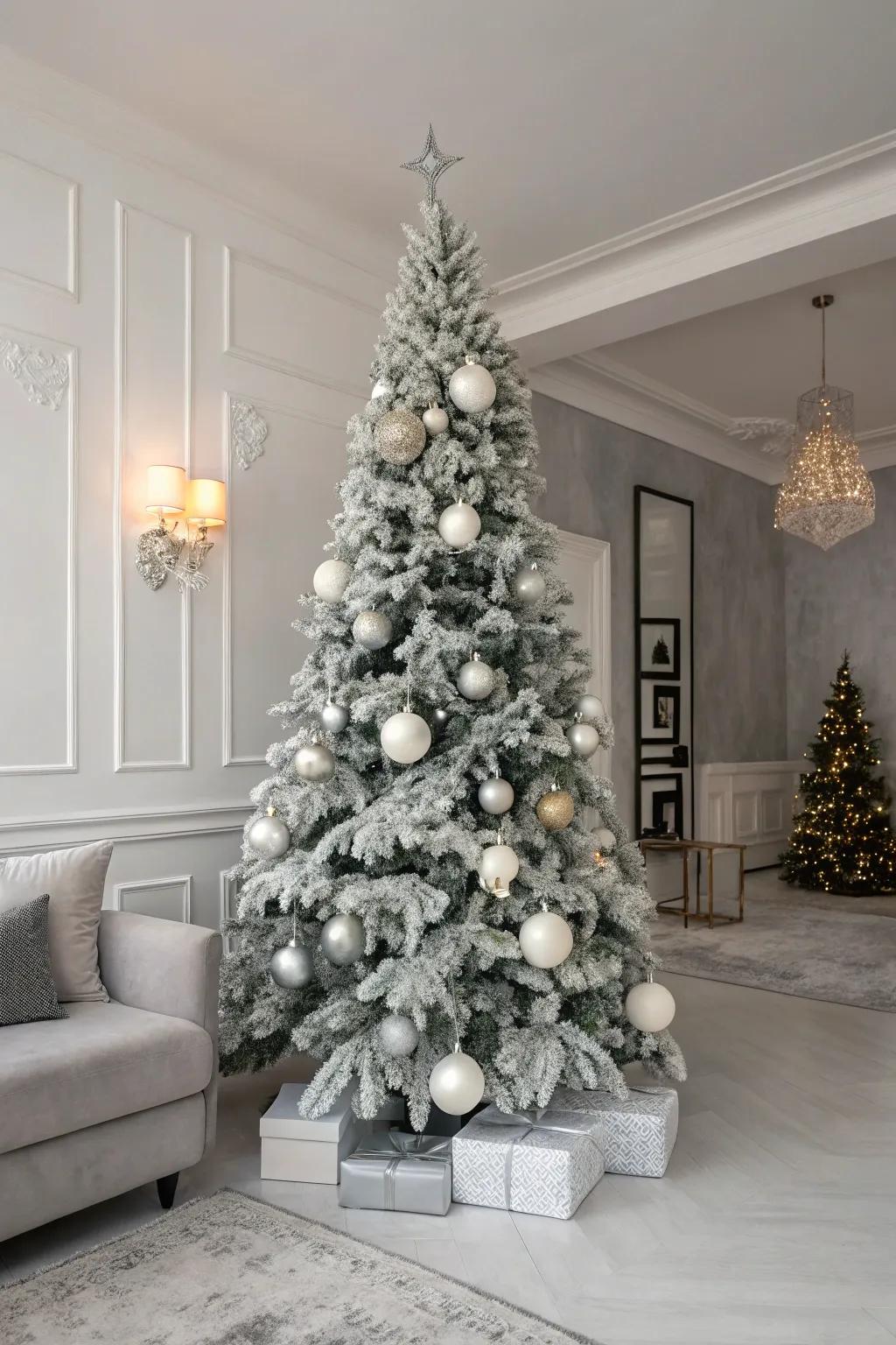 Monochrome-themed flocked Christmas tree