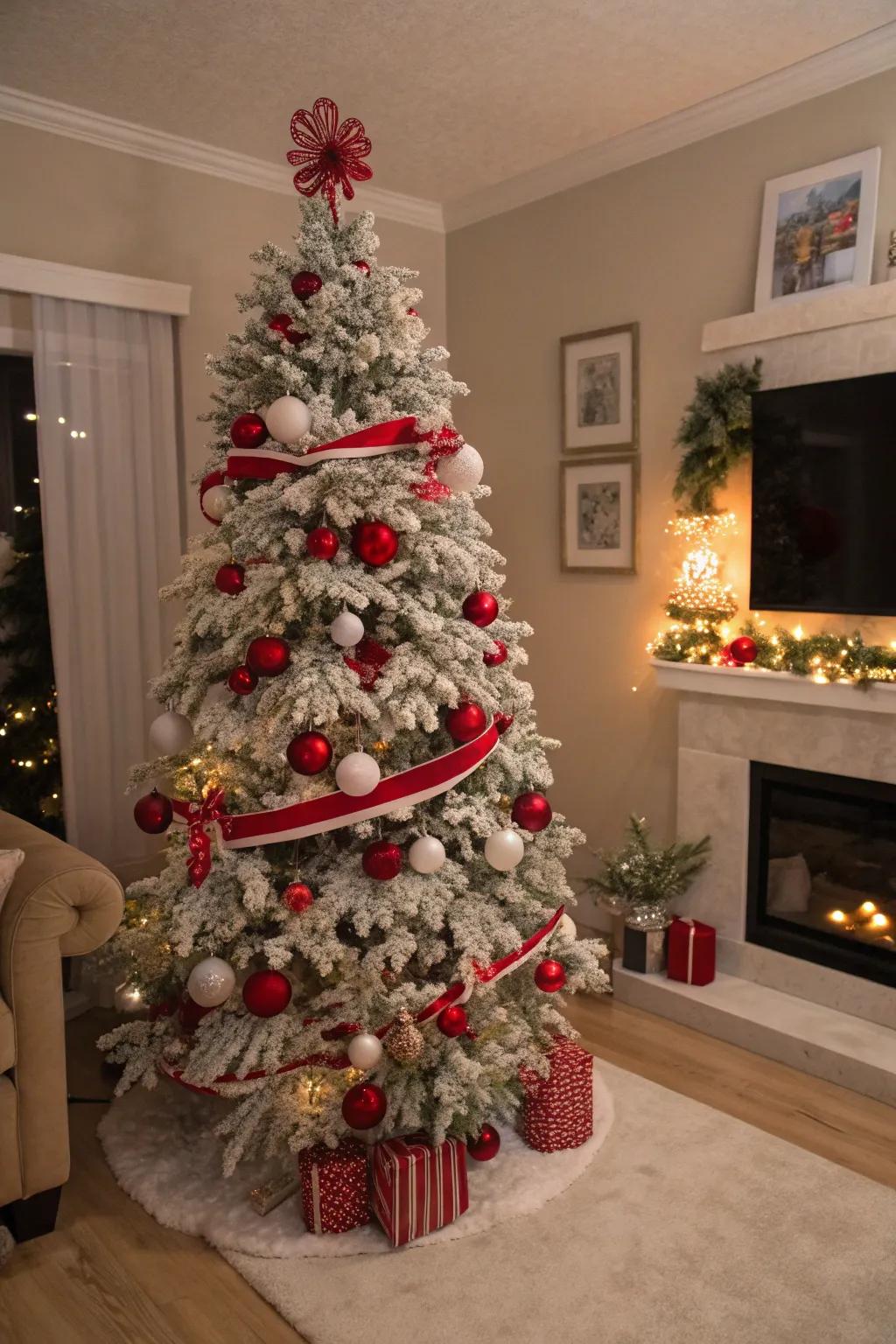Classic red and white flocked Christmas tree