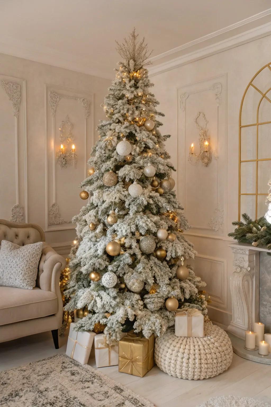 Neutral-toned flocked Christmas tree with glitter accents