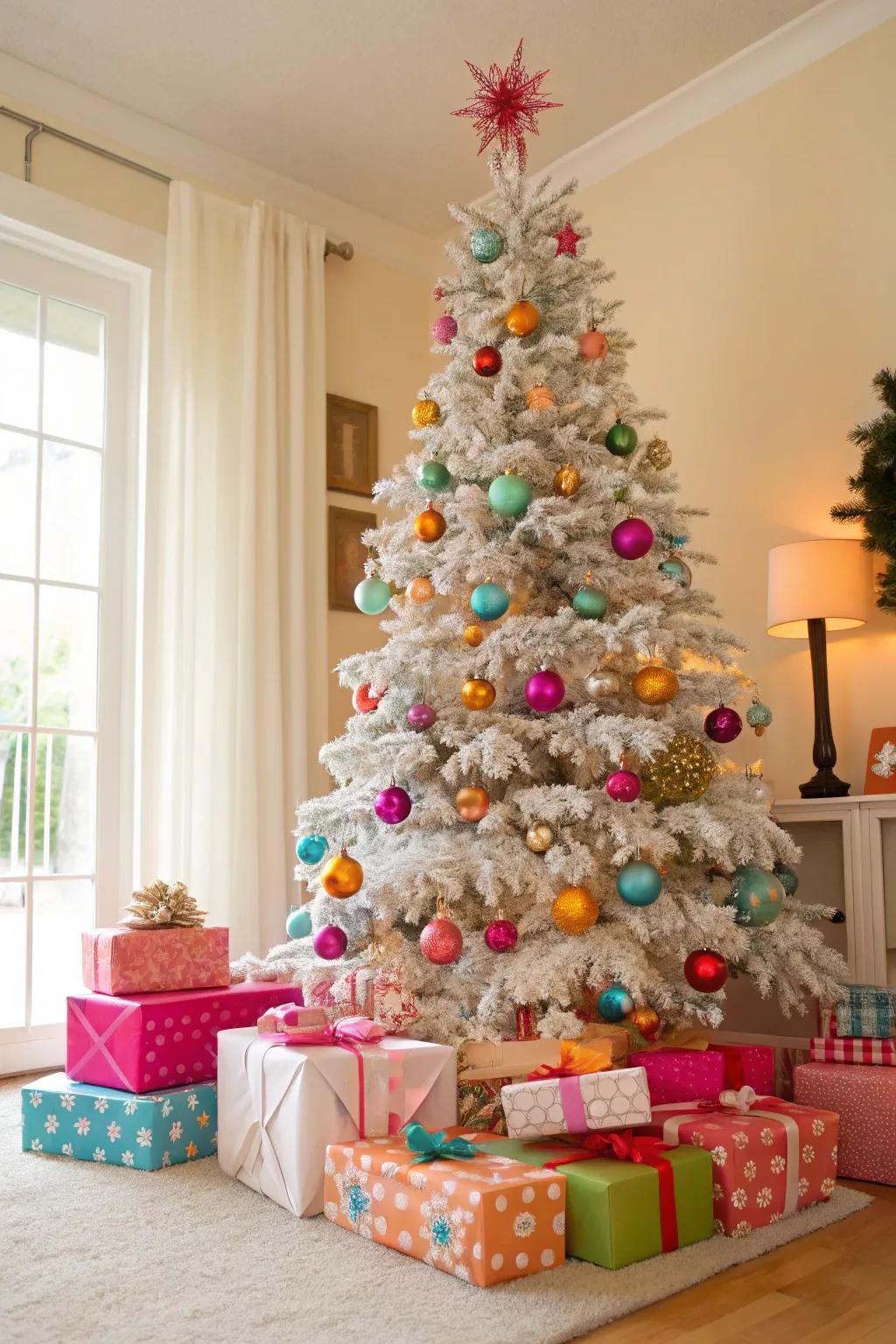 Colorful flocked Christmas tree with mixed ornaments