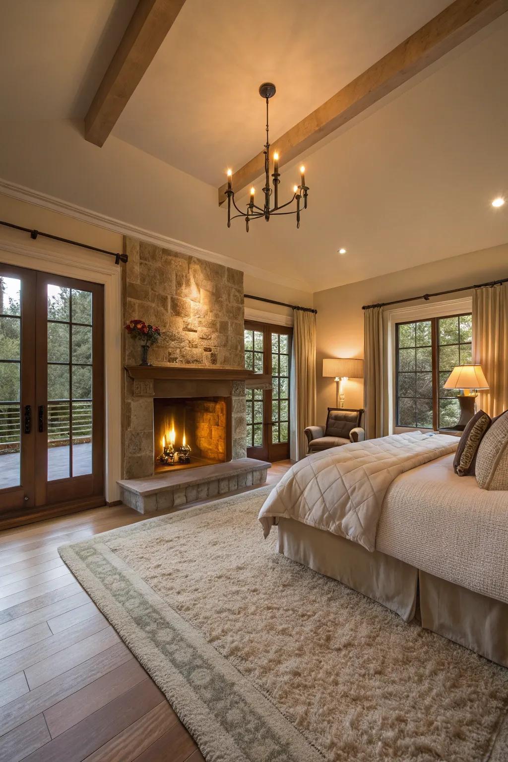 Fireplace adds warmth and a captivating focal point in a large bedroom.