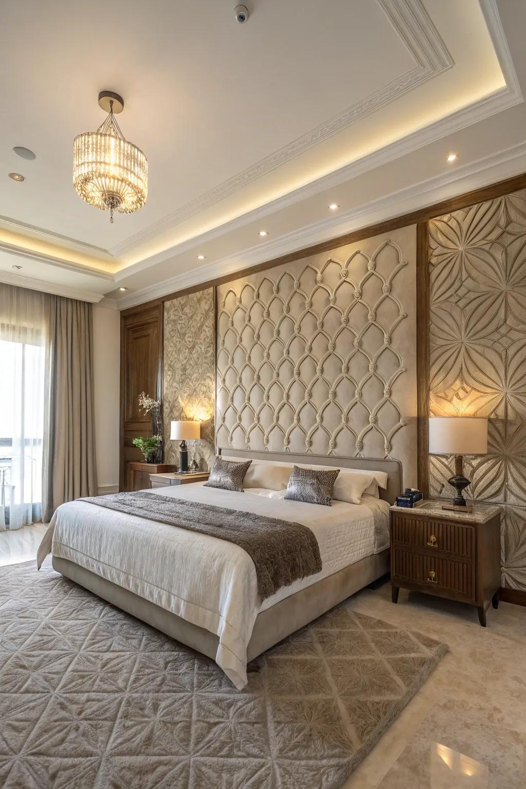 Textured wall treatments add depth and elegance to a large bedroom.