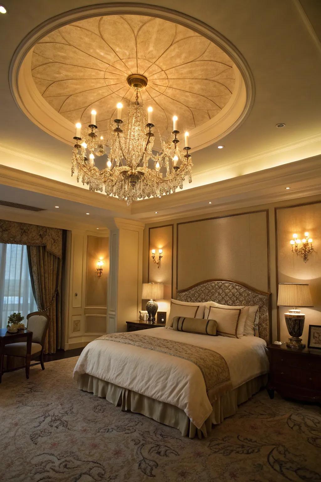 Layered lighting adds dimension and warmth to a large bedroom.