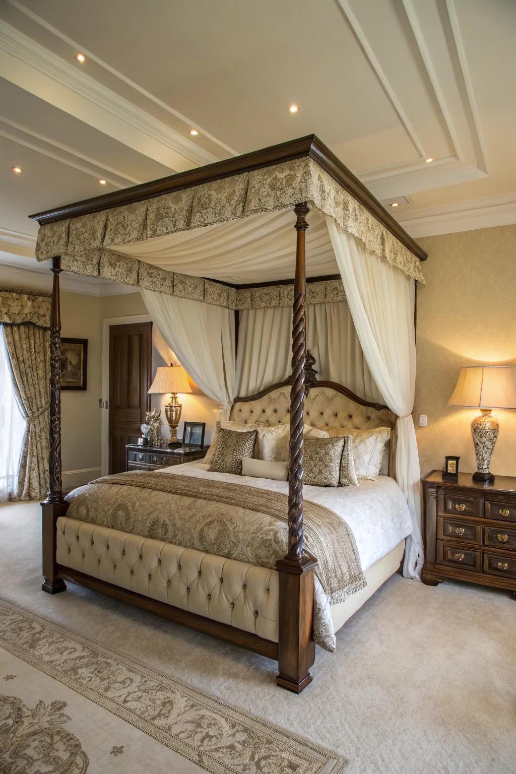 A grand canopy bed creates a stunning focal point in a large bedroom.