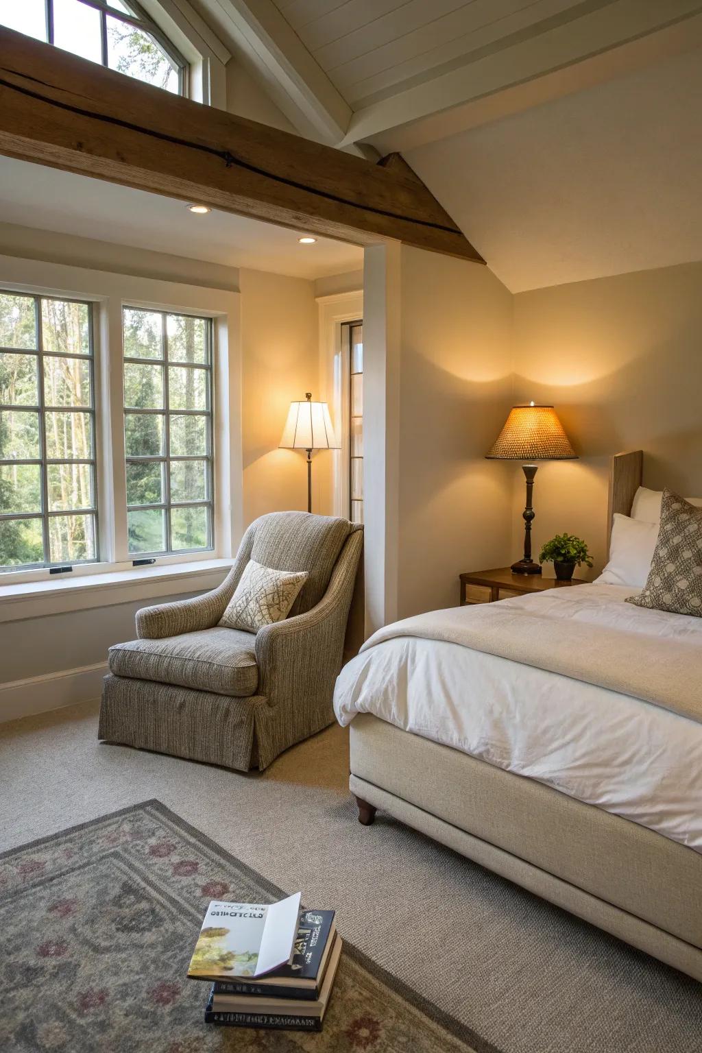 A cozy reading nook offers a peaceful escape within a large bedroom.