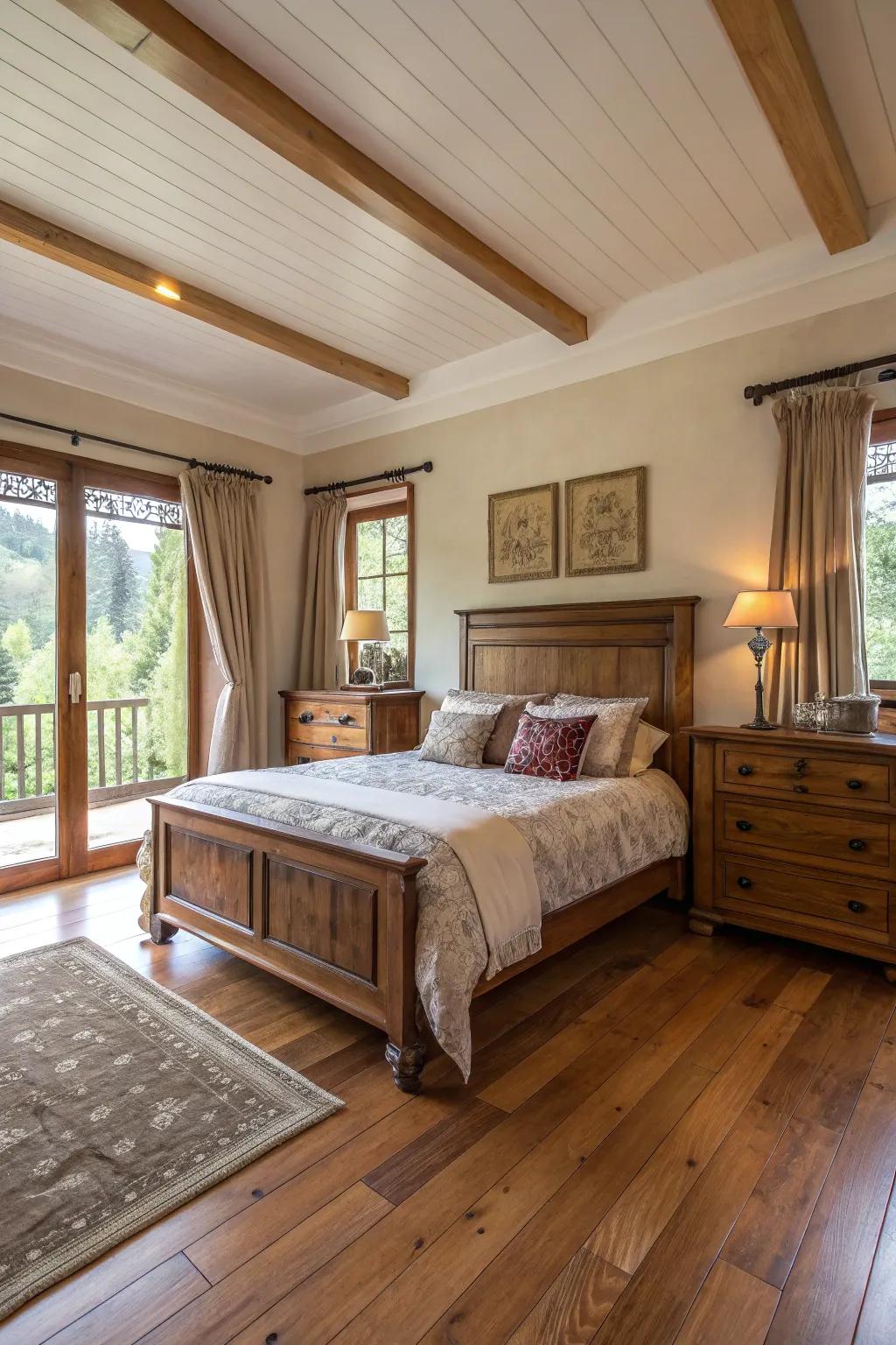 Wood accents add warmth and natural charm to a large bedroom.