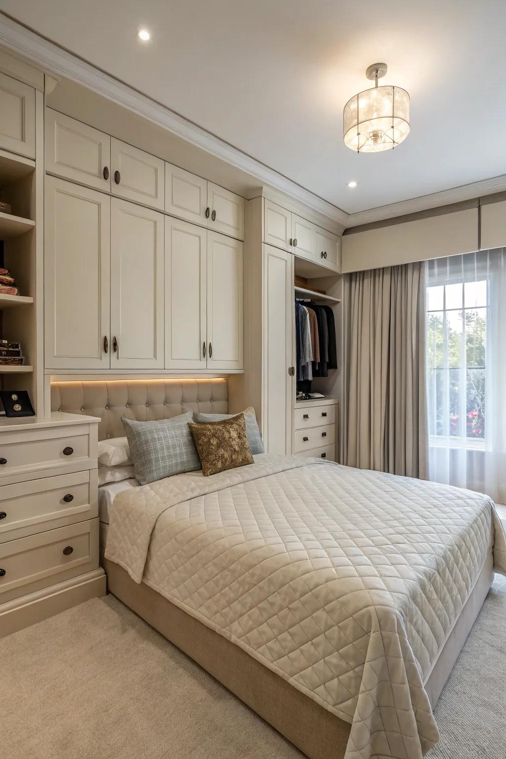 Smart storage keeps a large bedroom organized and elegant.