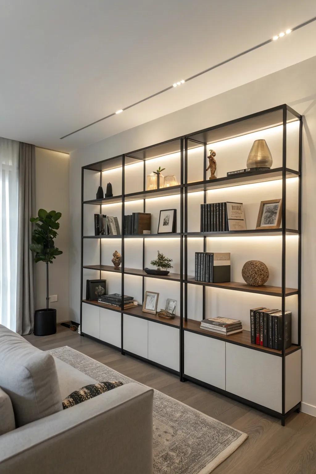 Minimalist bookshelves highlight simplicity and elegance.